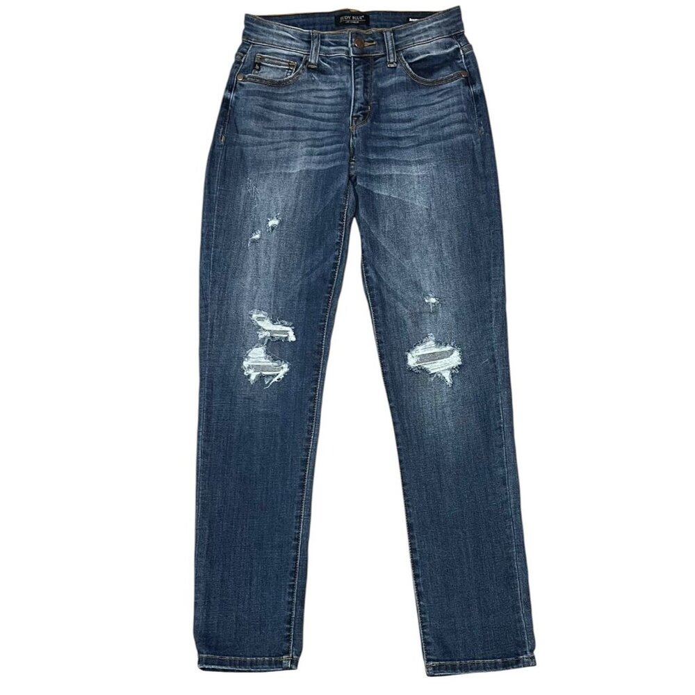 Judy Blue Women 1/25 Boyfriend Jeans Blue Relaxed Distressed Stretch Zipper
